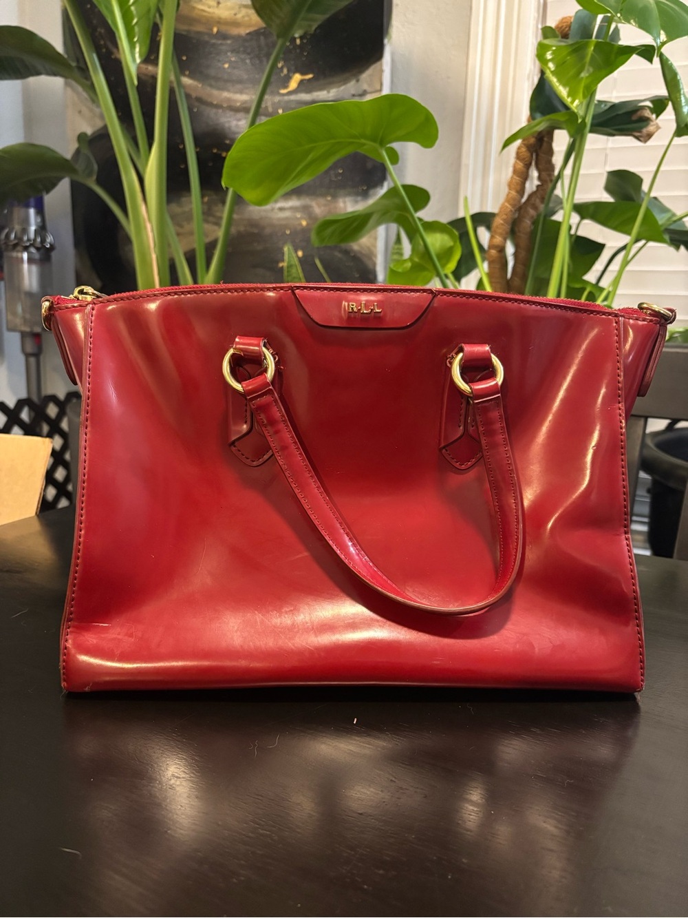 Ralph Lauren Red Leather Tote with Gold Hardware